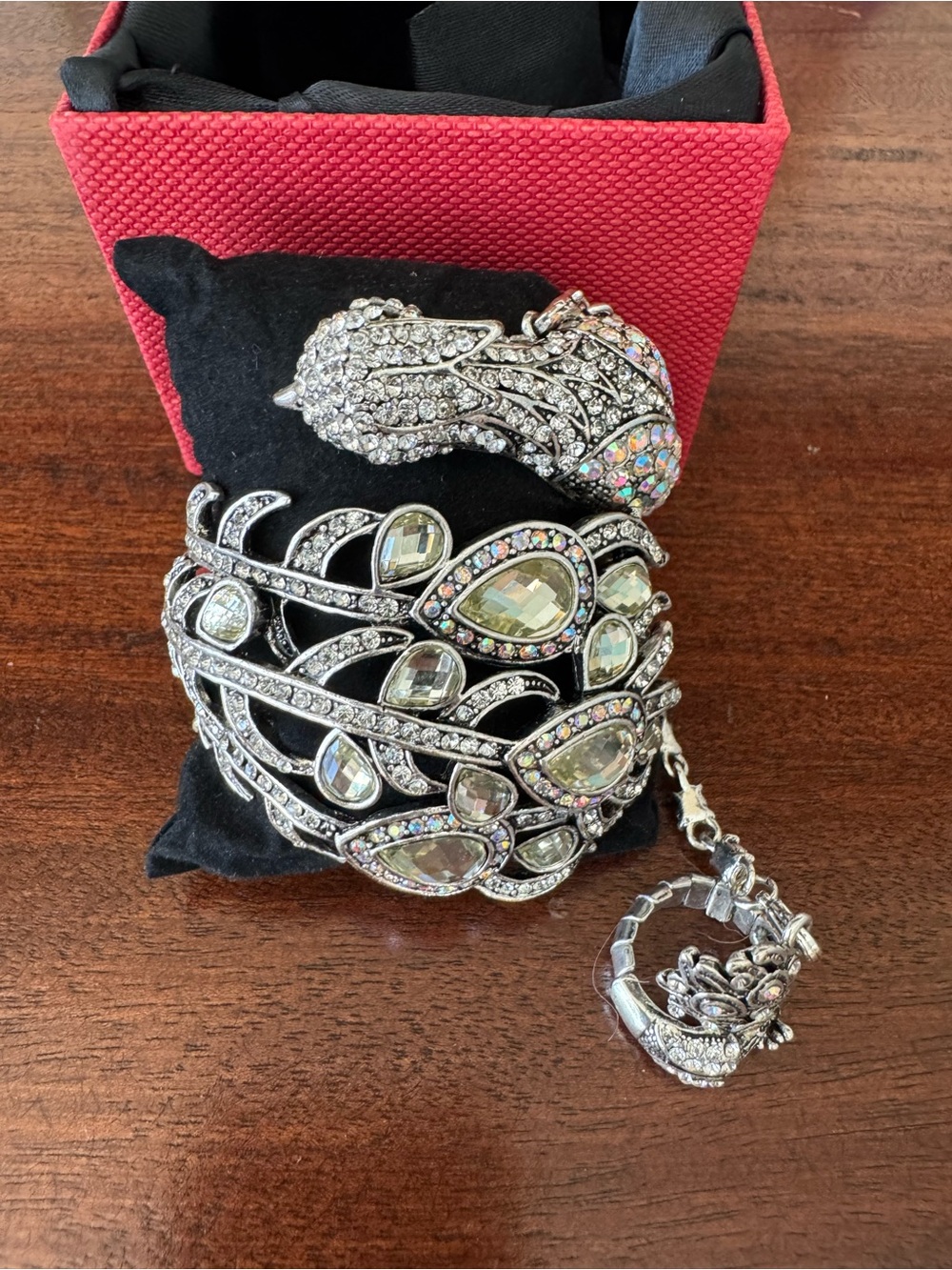 Crystal-Embellished Silver Leaf Cuff Bracelet in Silver